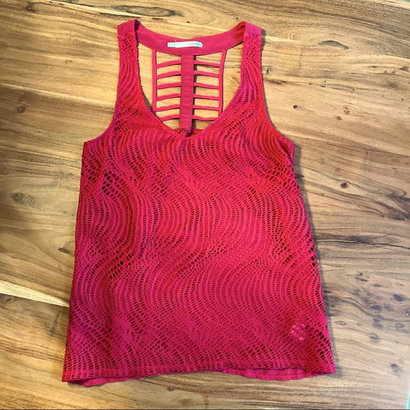 3/$20 🌸 Maurices semi-sheer lace pink-red racerback top, Small - Picture 1 of 7